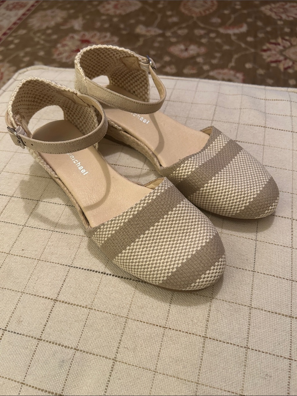 Eric Michael Striped Ankle-Strap Espadrilles in Taupe and Cream